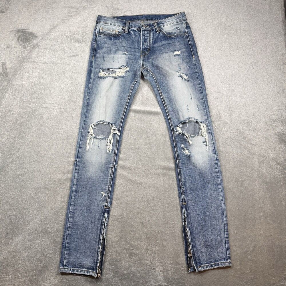 mnml M1 Distressed Skinny Denim Jeans Men’s 30 Blue Ankle Zip Button Fly Biker